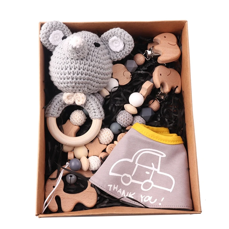 

4 Pcs/Set Baby Pacifier Chain Clip Pram Clip Pendant Stroller Rattle Wooden Crochet Elephant Music Teething Toy