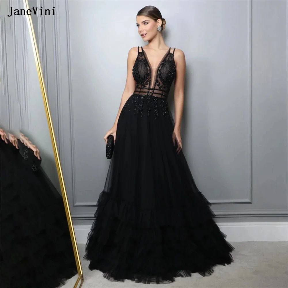 

JaneVini 2024 Sexy V Neck Black Evening Dresses for Women A Line Luxury Beading Tulle Tiered Ruffles Prom Party Gowns Customized