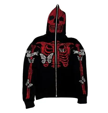 

Y2k Clothes Skull Rhinestone Zip Up Hoodie Harajuku Hooded Sweatshirt Streetwear Hip Hop Gothic Oversized Women Jackets Coat
