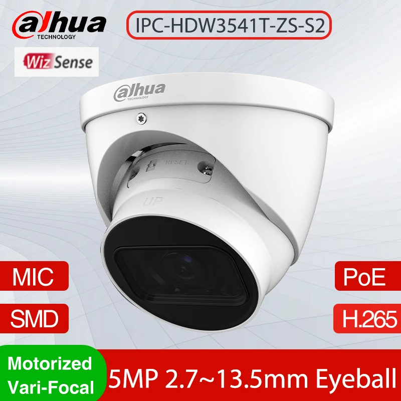 

Dahua IPC-HDW3541T-ZS-S2 5MP IR 40M 2.7mm–13.5mm Motorized Vari-focal Eyeball WizSense Built-in Mic IP67 SMD AI Network Camera