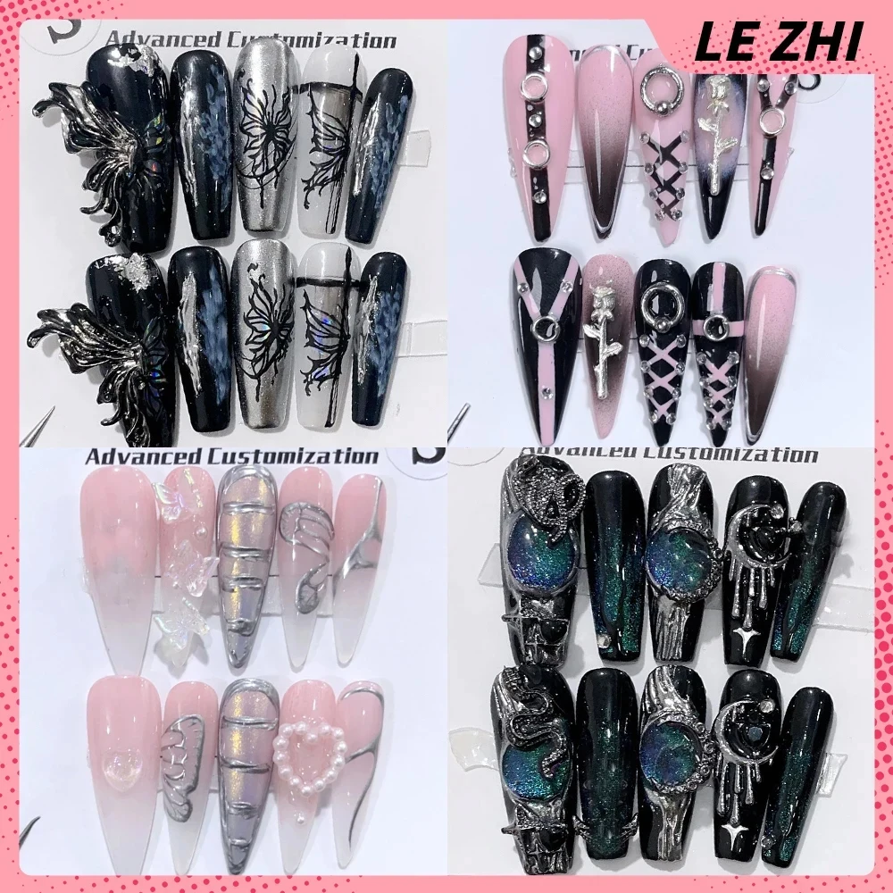 

Elegance Sparkling Rhinestone Butterfly Dark Long Almond False Nails 3D Butterfly Design Wearable Valentine's Day Gift Nails Tip