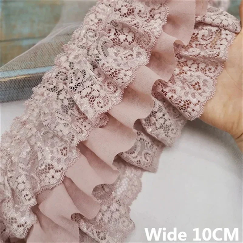 Chiffon Fabric 10CM Wide Three Layers Pleated Chiffon Fabric Embroidery Fringe Ribbon Lace Collar Ruffle Trim DIY Apparel Curtains Sewing Decor