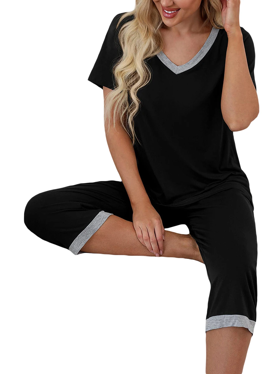 YIJIU Women's Pajama Set - V-Neck Short Sleeve Top & Capri Pants Lounge Sleepwear