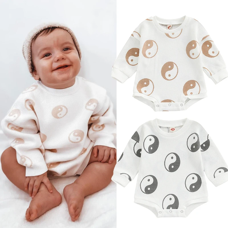 

2022-07-06 Lioraitiin 0-24M Infant Baby Boy Girl Bodysuit Eight-Diagram Print Round Neck Long Sleeve Jumpsuit 3Styles