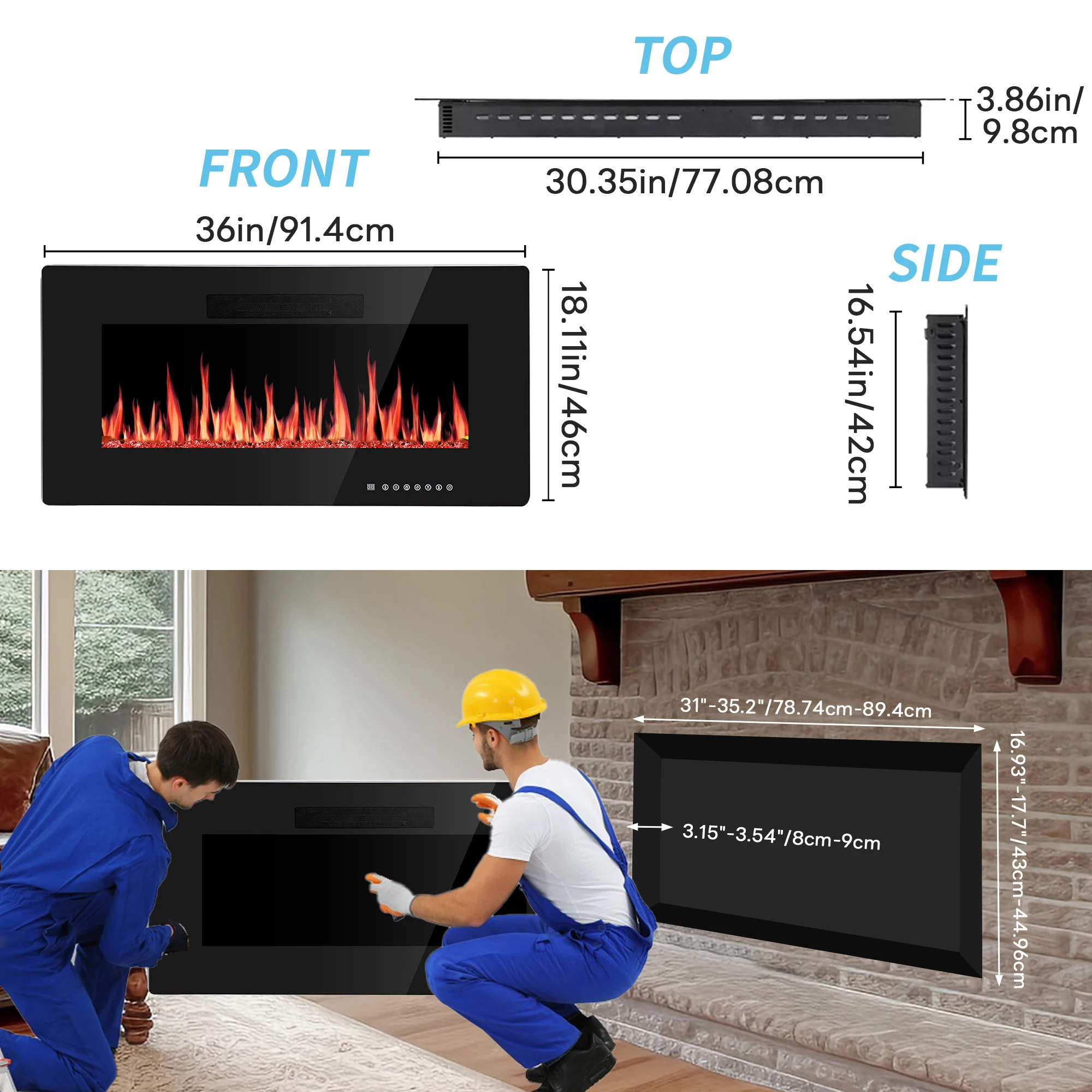 36" Recessed & Wall Mounted Electric Fireplace,Ultra thin & Low Noise,Touch Screen Remote Control,Unique Flame Design