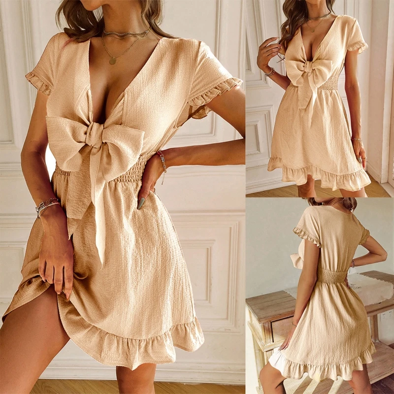 

Women Summer Short Sleeve Sexy Deep V-Neck Large Bowknot Mini Flowy Dress Solid Color Shirred High Waist Flare Ruffle Hem N7YF