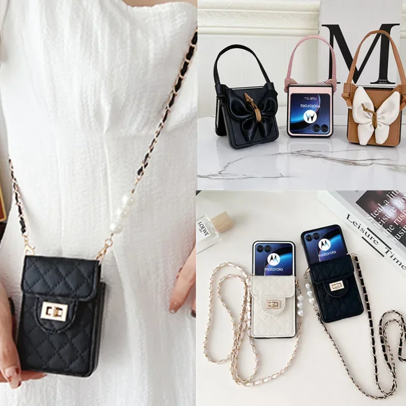 Stylish Butterfly Cardholder Crossbody Phone Case with Pearl Chain