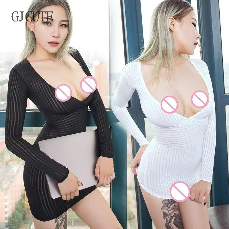 

Lady Sheer Striped Dress Micro Mini Tube Bodycon See Through Clubwear Tight Sexy Women's Buttocks Wrapped Secretary Fun Clothing