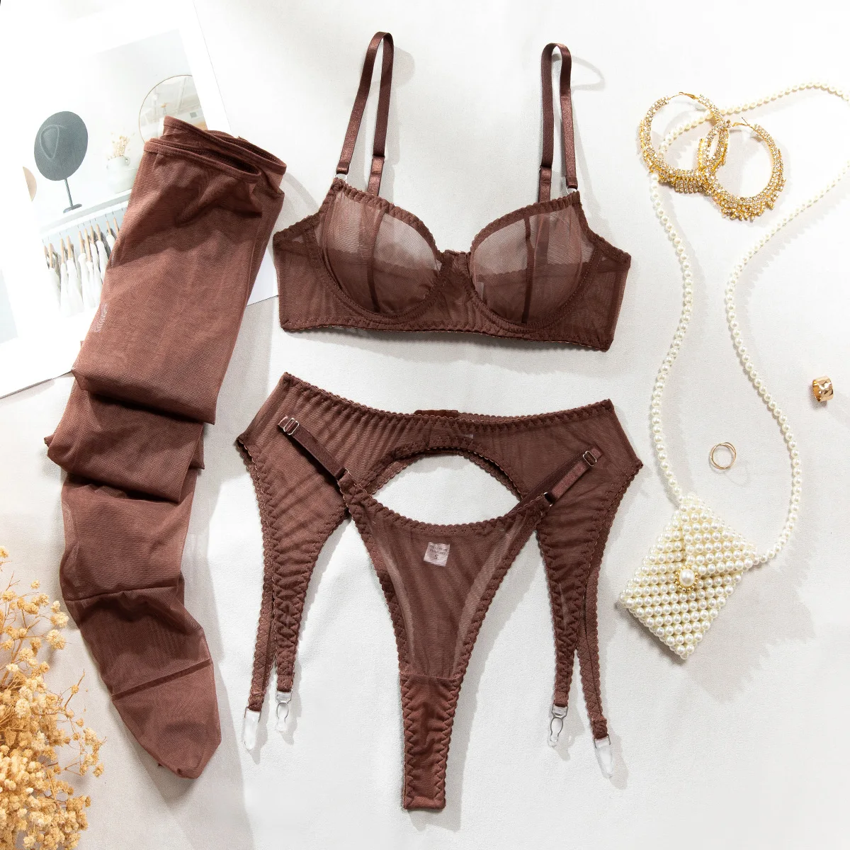 Toucheart Erotic Lingerie with Stockings Mesh Thin Model See-through Patchwork Body Shaping Seductive Women Delicate Underwear