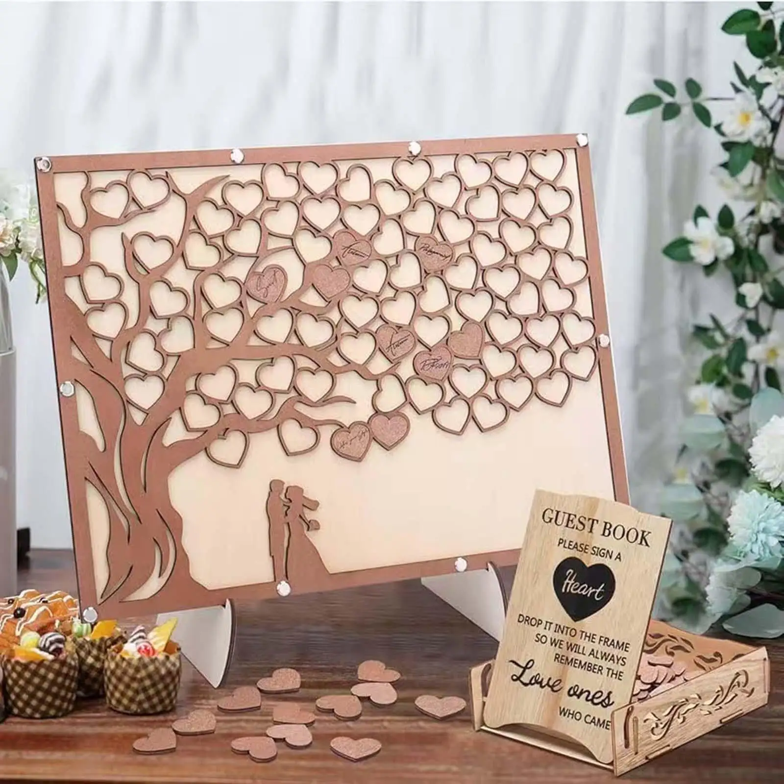 Romantic Wedding Guest Book Sign with Wooden Heart Signs and Stand for Table Centerpiece Ceremony Anniversary Bridal Shower