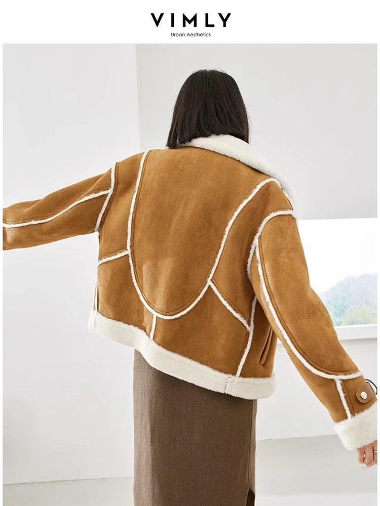 Vimly Thicken Warm Faux Fur Coats Women 2023 Double Faced Fur Contrast Fleece Loose Short Winter Coats Female Overcoat 50711