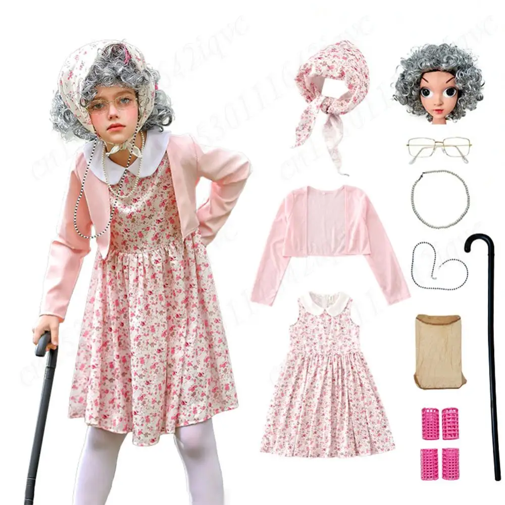 100 Days Old Lady Costume Cosplay Set 100 Days of School Costume Wig Accessories Grandma Outfit Old Lady Dress Up for Girls