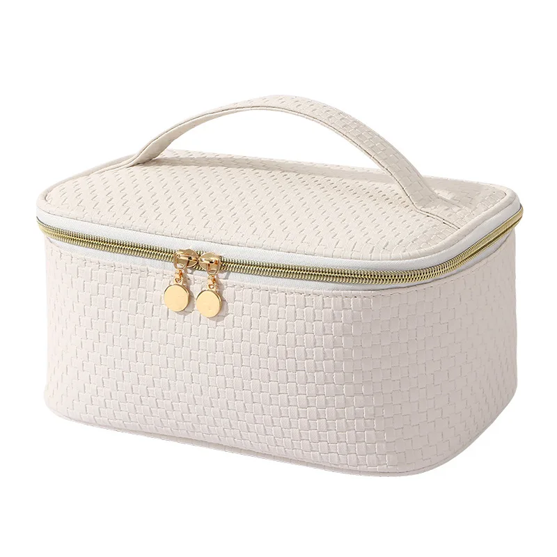 New Woven PU Double Layer Makeup Bag High Beauty Makeup Storage Bag Portable Large Capacity Travel Storage Bag