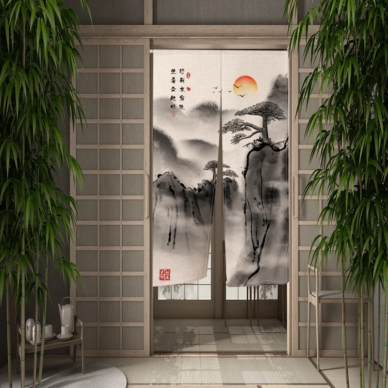 ChineseInk Landscape Painting Door Curtain Japanese Style Dining Kitchen Partition Curtain Drape Entrance Hanging Half-Curtain 3