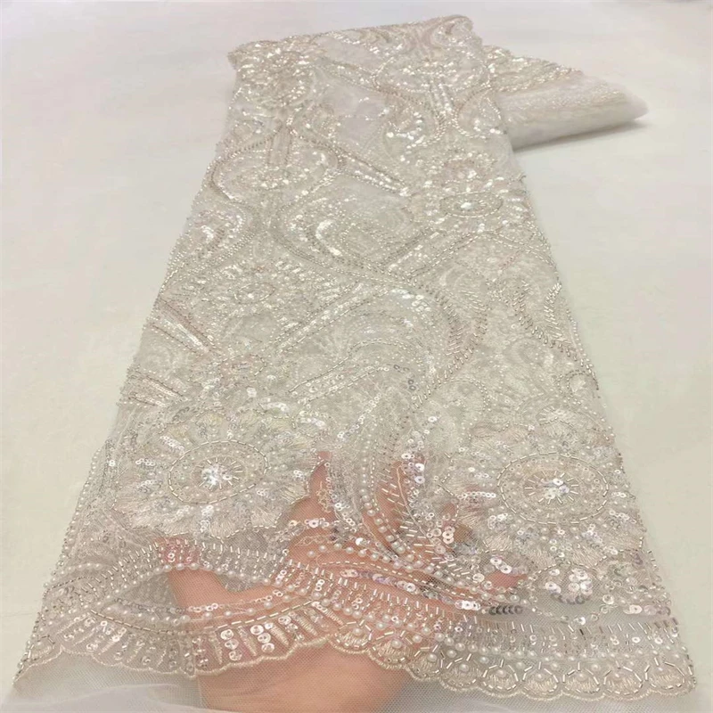 

African Lace Fabric 2022 High Quality Sequins Lace French Nigerian Net Lace Tulle Mesh Fabrics Beaded For Wedding Sewing x16-82