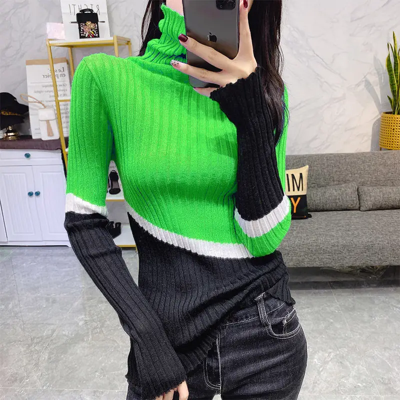 Stylish Turtleneck Knitted Spliced Loose Color Sweater Pullovers green