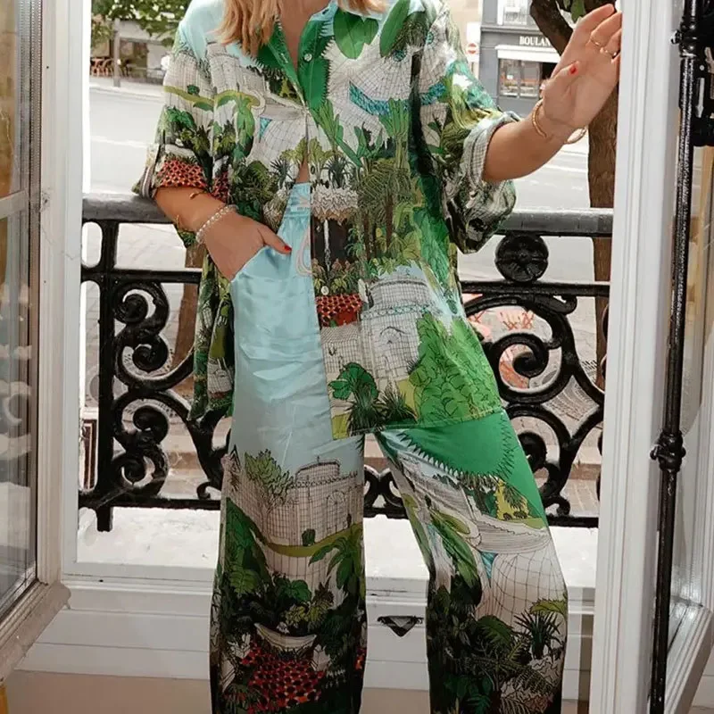 2024 New Summer  Women's Printed Short-Sleeve Pants Suit, Summer Long Pants Women's Vacation Beach Leisure Suit