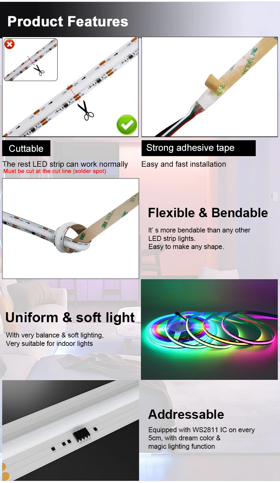 1M-25M Tuya WiFi Addressable LED Strip Lights Kit WS2811 SPI RGBIC Dream Color LED Tape 24V Pixel Strip For Home Decor
