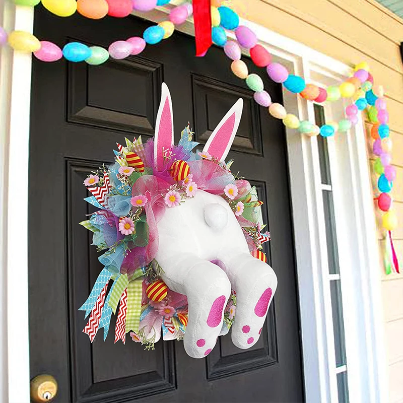 

2023 New Easter Bunny Wreath Colorful Door Wall Oranments Happy Easter Rabbit Home Party Creative Garland Festival Decoration