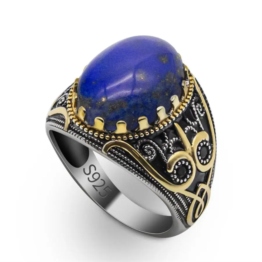 

Wholesale 925 Sterling Silver Ring Men Blue Natural Blue Lapis Lazuli Stone Handmade Statement Vintage Turkish Wedding Ring