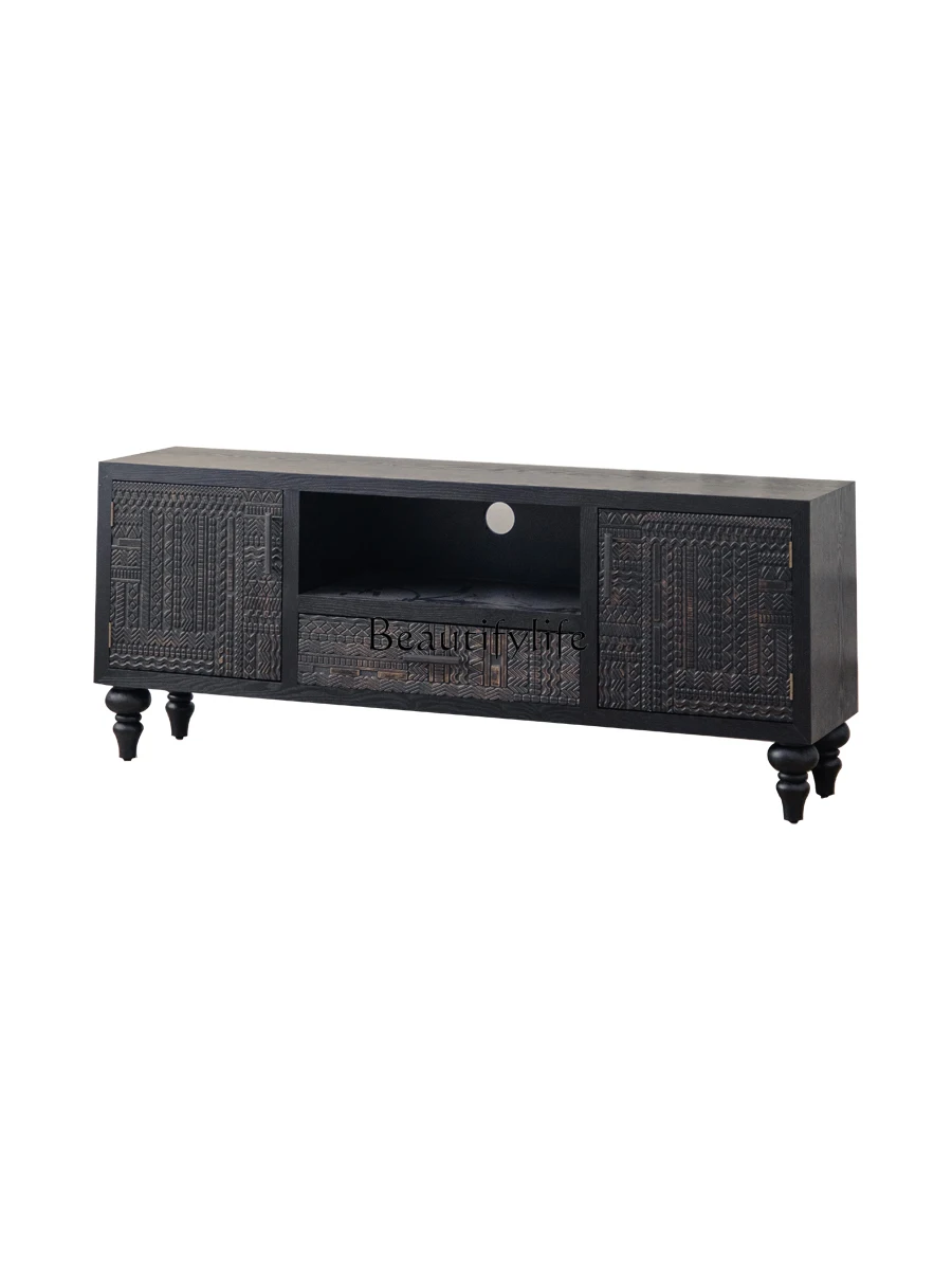

Retro Black Wooden Small Apartment Living Room Carved TV Stand Storage