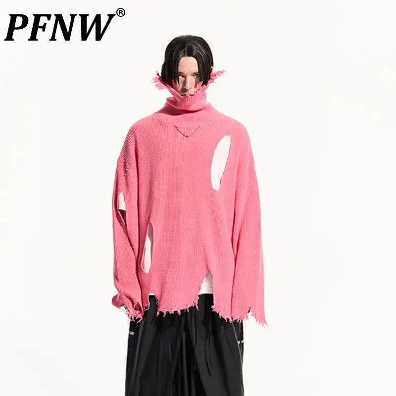 

PFNW Men's Autumn Winter New Fashion Niche Design Style Tide Popular Versatile Hollow Out Ragged Knit Turtleneck Sweater 28A3505