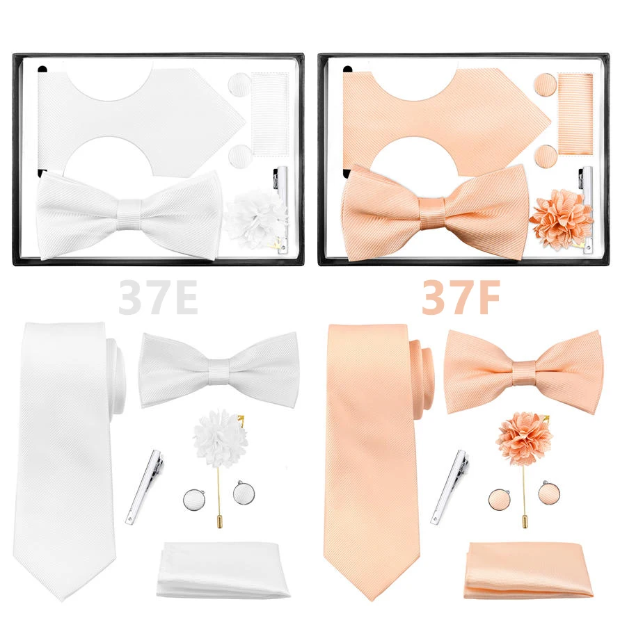 6-teiliges Krawattenset in schwarzer Geschenkbox, Großhandel, einfarbig, Herrenkrawatte, Fliege, Einstecktuch, Manschettenknöpfe, Krawattenklammer, Anzug-Accessoires – Detail 10