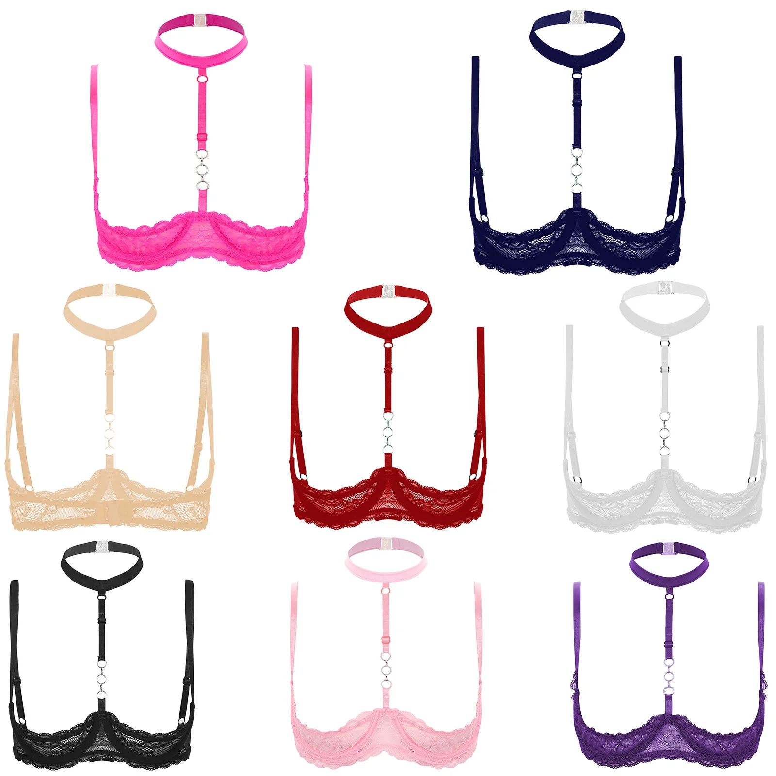 Womens Halter Neck O Ring 1/4 Cups Underwire Bra Sheer Lace Push Up Brassiere Breast Underwear Adjustable Spaghetti Straps Tops