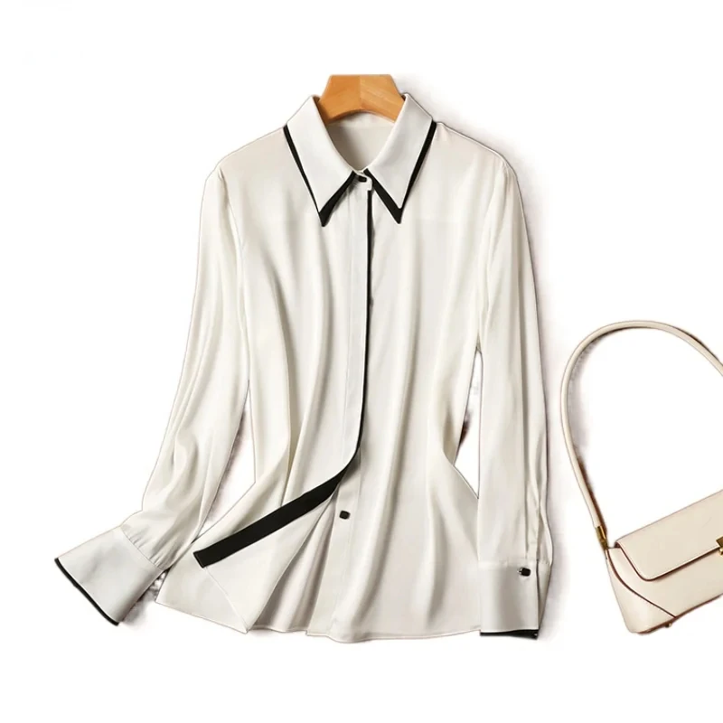

Женская блуза из поплина на пуговицах, однотонная Повседневная модная рубашка с длинными рукавами и отложным воротником, весна-осень 2024