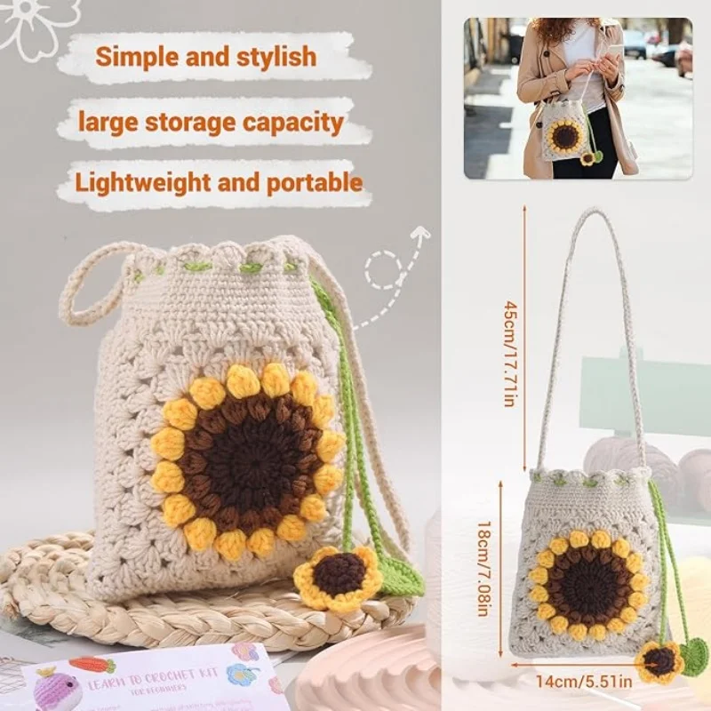 MIUSIE Crochet Kit for Beginners Bohemian Style Sunflower Woven Bag with Video Tutorials,Yarns,Accessories Knitting Craft DIY 6