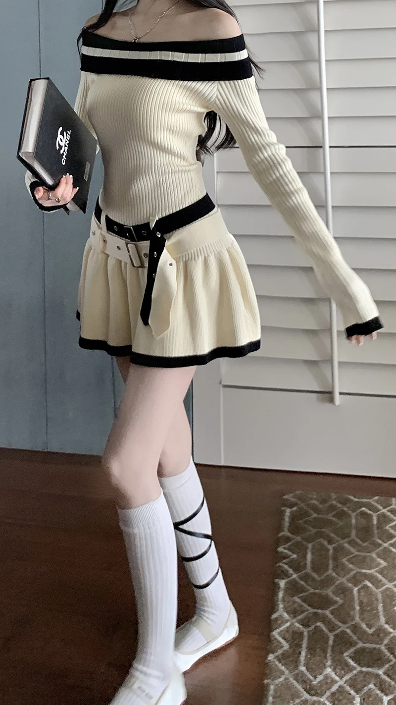 Y2K Slim Casual Knitted Mini Dresses Women Off Shoulder Elegant Korean Fashion Short Party Dress with Belt Autumn New Clothing