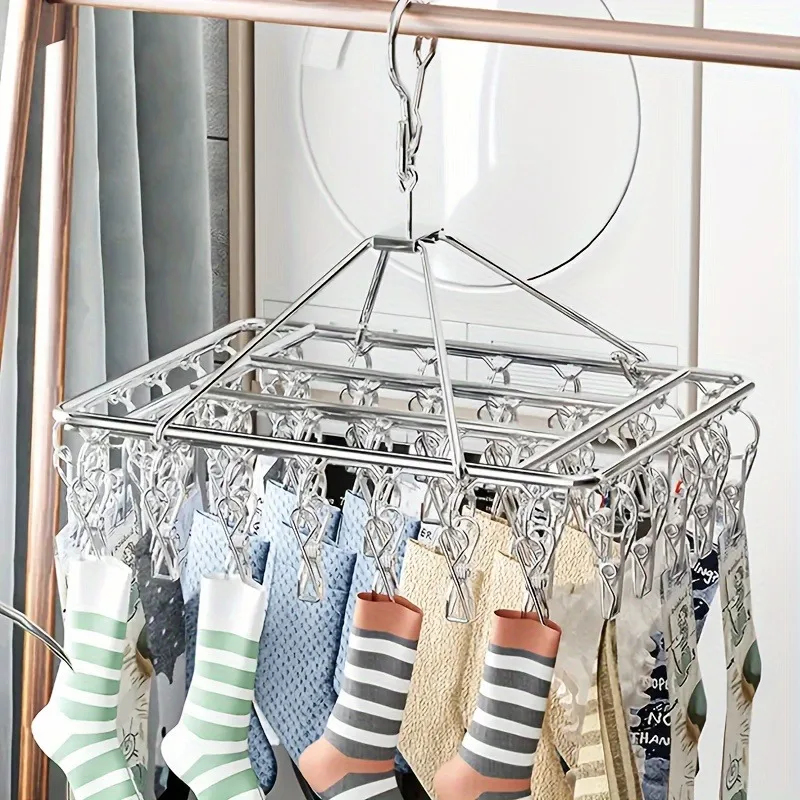 Stainless Steel Laundry Hanger Stainless Steel Laundry Hanger Clothes Rack with 40 Anti-Wind Rotary Utility Hooks Windproof Drying Stand for Indoor/Outdoor Use