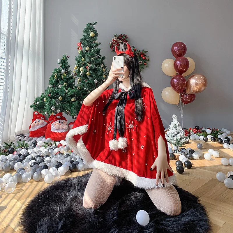 

Женский костюм для косплея, красный плюшевый плащ с капюшоном и бантом