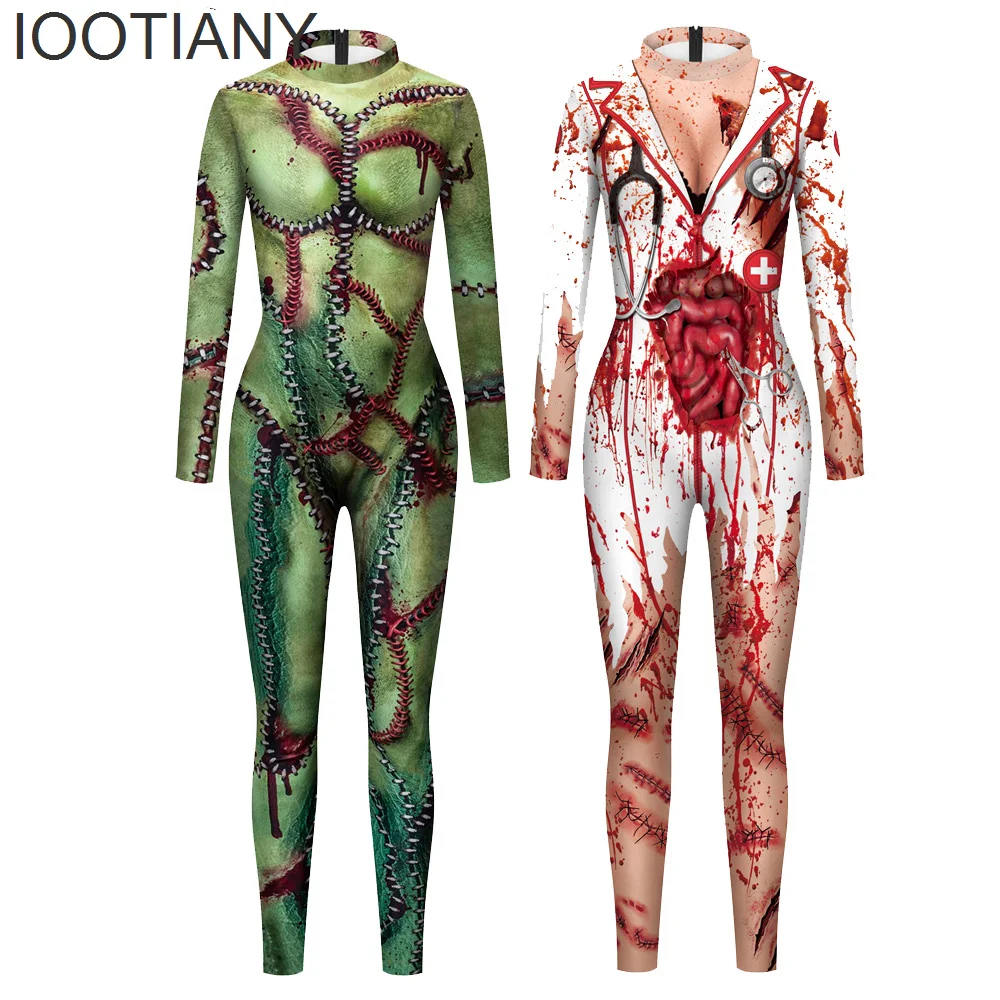 

IOOTIANY Halloween Cosplay Costumes Blood Scar Print Women Adult Jumpsuit Bodysuit Long Sleeve Carnival Party Fancy monos mujer