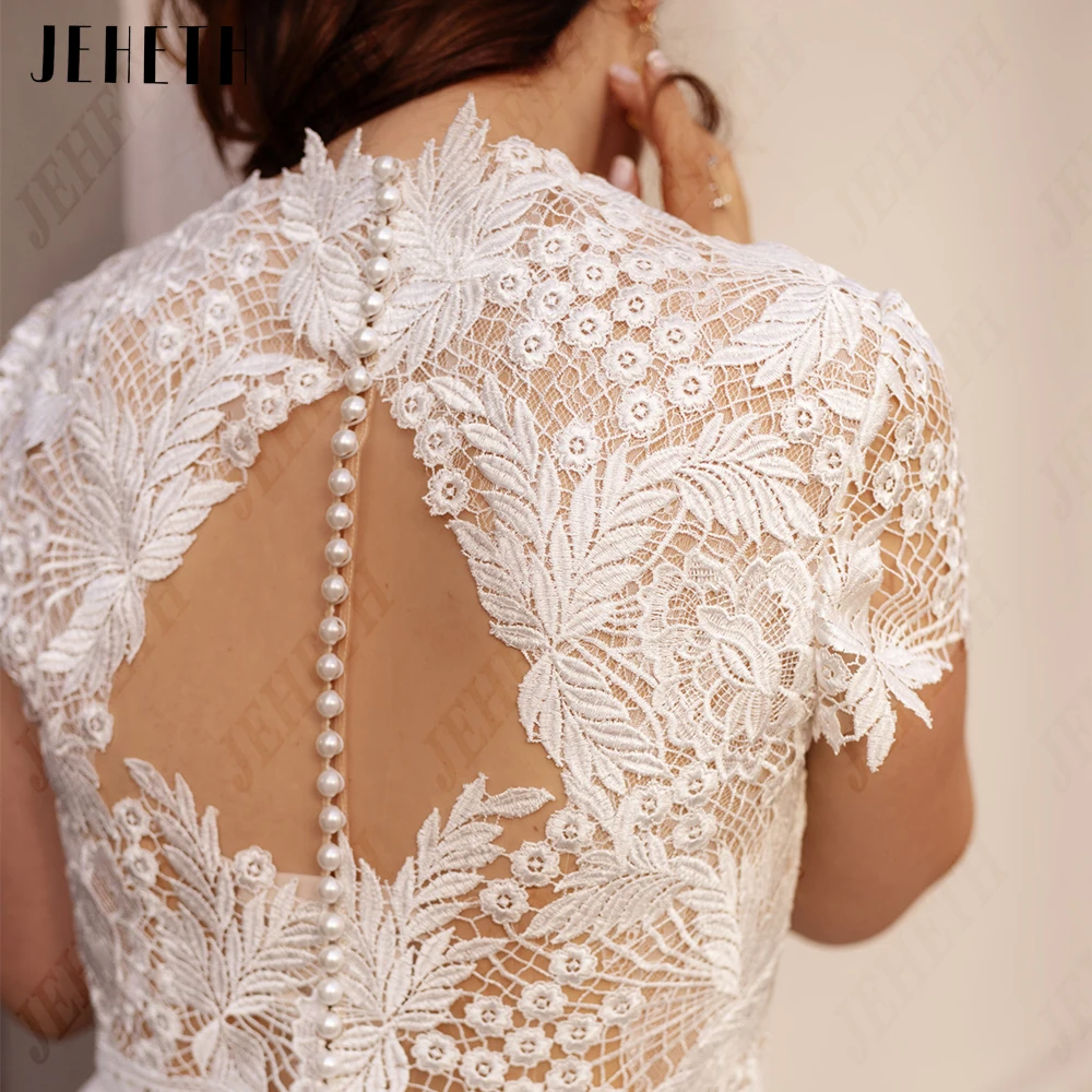 JEHETH Bohemain Chiffon Wedding Dresses Plus Size 2023 Short Sleeves Backless Bride Gowns A-Line Sweep Train vestido de novia