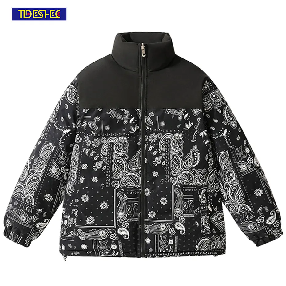 

Cashew Flowers Print Pattern Winter Jackets Men Parkas Coats Harajuku Streetwear Hip Hop Jackets Padded Zipper Coat Outwear