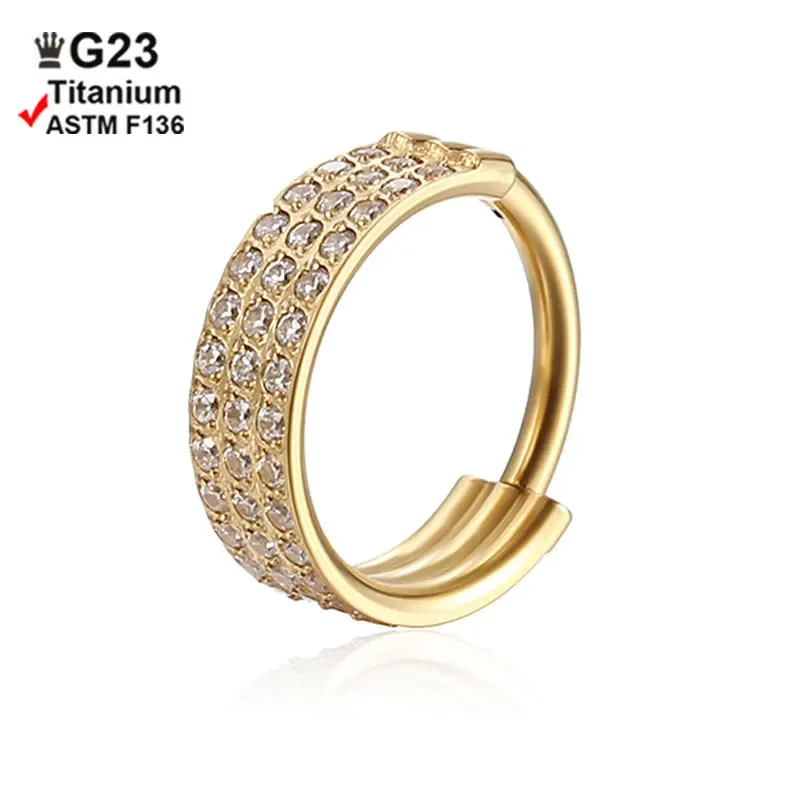 ASTM Titanium Double Layered Triple Zircon Stack Hinged Nose Ring Piercing Helix Cartilage CZ Small Cartilage Septum Clicker