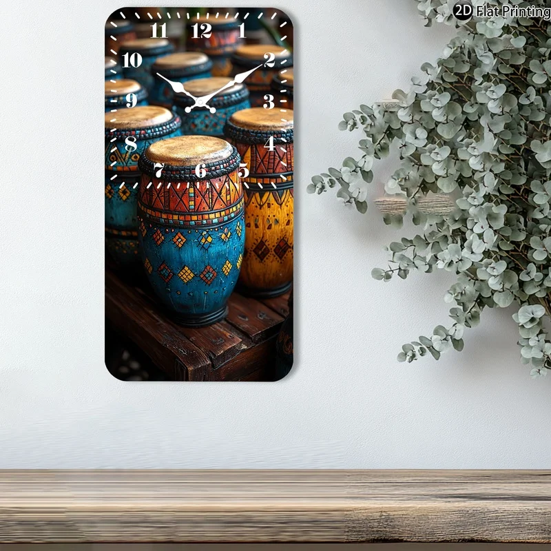 1pc Artistic Colorful drums with geometric patterns Wooden Silent Quartz Rectangle Wall Clock for Home Office Idea Holiday Gifts