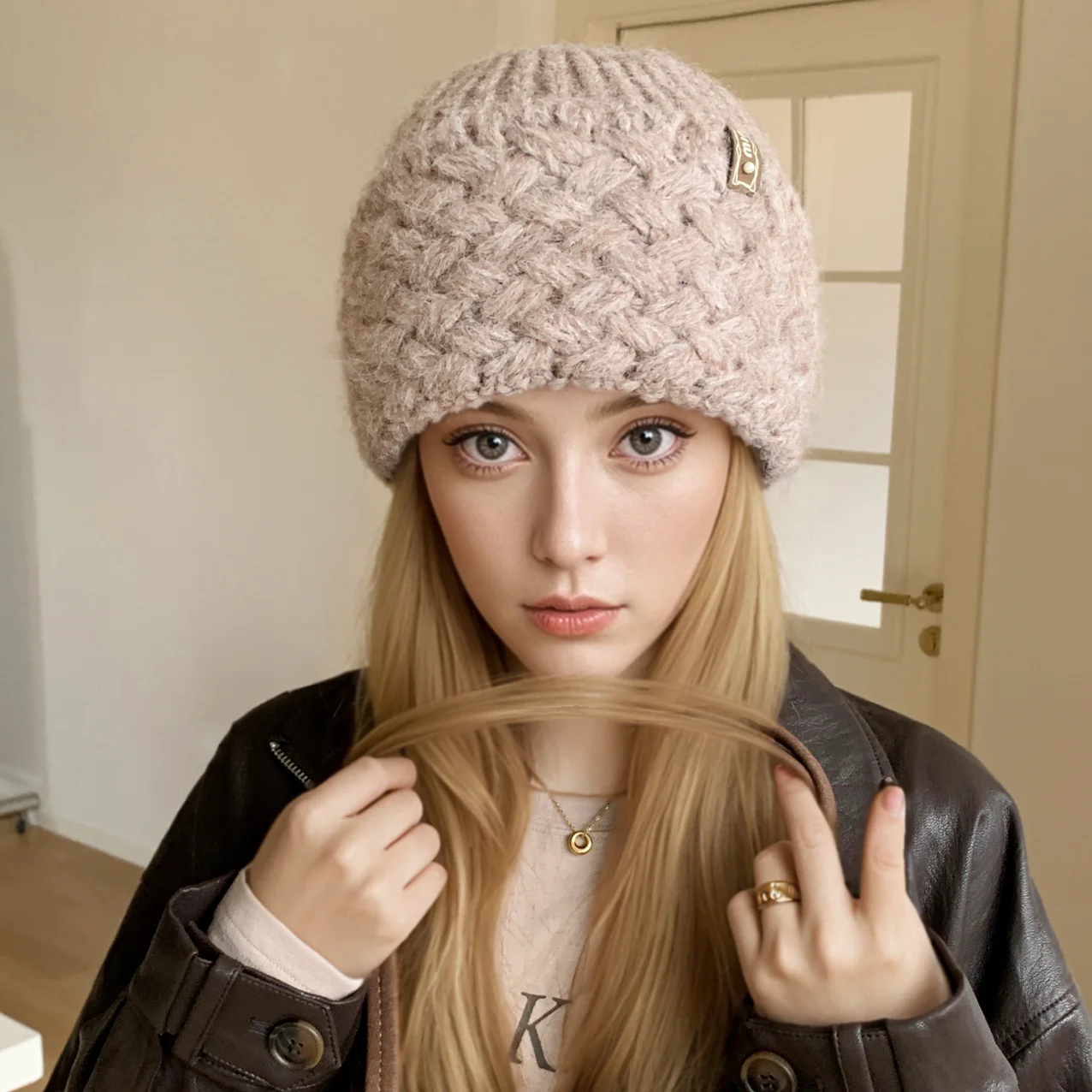 New Women Plush Fur Warm Beanie Hat Trendy Knitted Hat Fashion Female Elegant Winter Hat