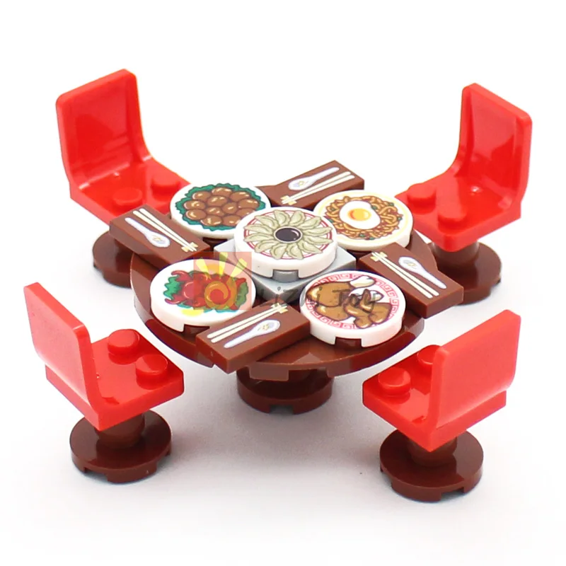 Assemble Toy MOC City Street Figures View Printing Food Dessert Traditional Chinese Cuisine Building Blocks Monitor Eyes Briks Printed Toys