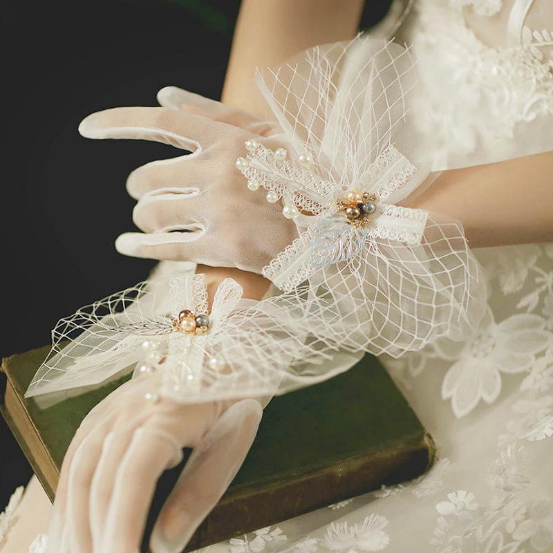 

Women Mesh Full Finger Lace Glove Wrist Length See Through Bridal Gloves Wedding Accessory Party Performance Bow Mittens