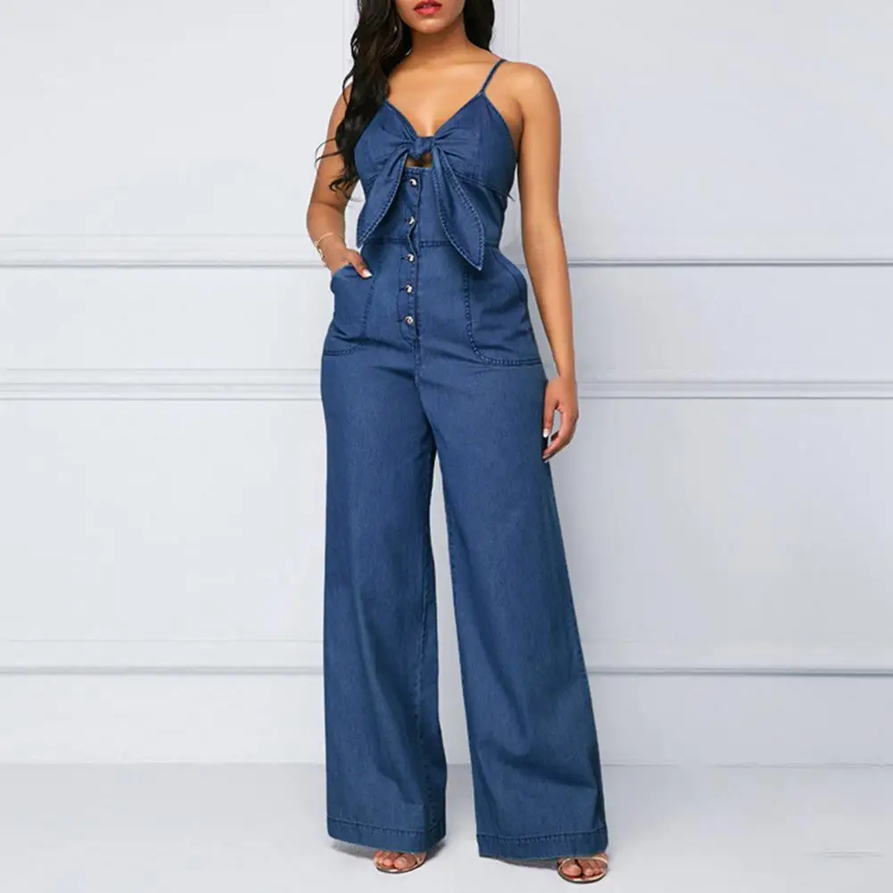 Lady Jumpsuit  Bow-knot Decor  Sleeveless  Straight Pants  V Neck Hollow Out Summer Denim Romper  Female Clothes
