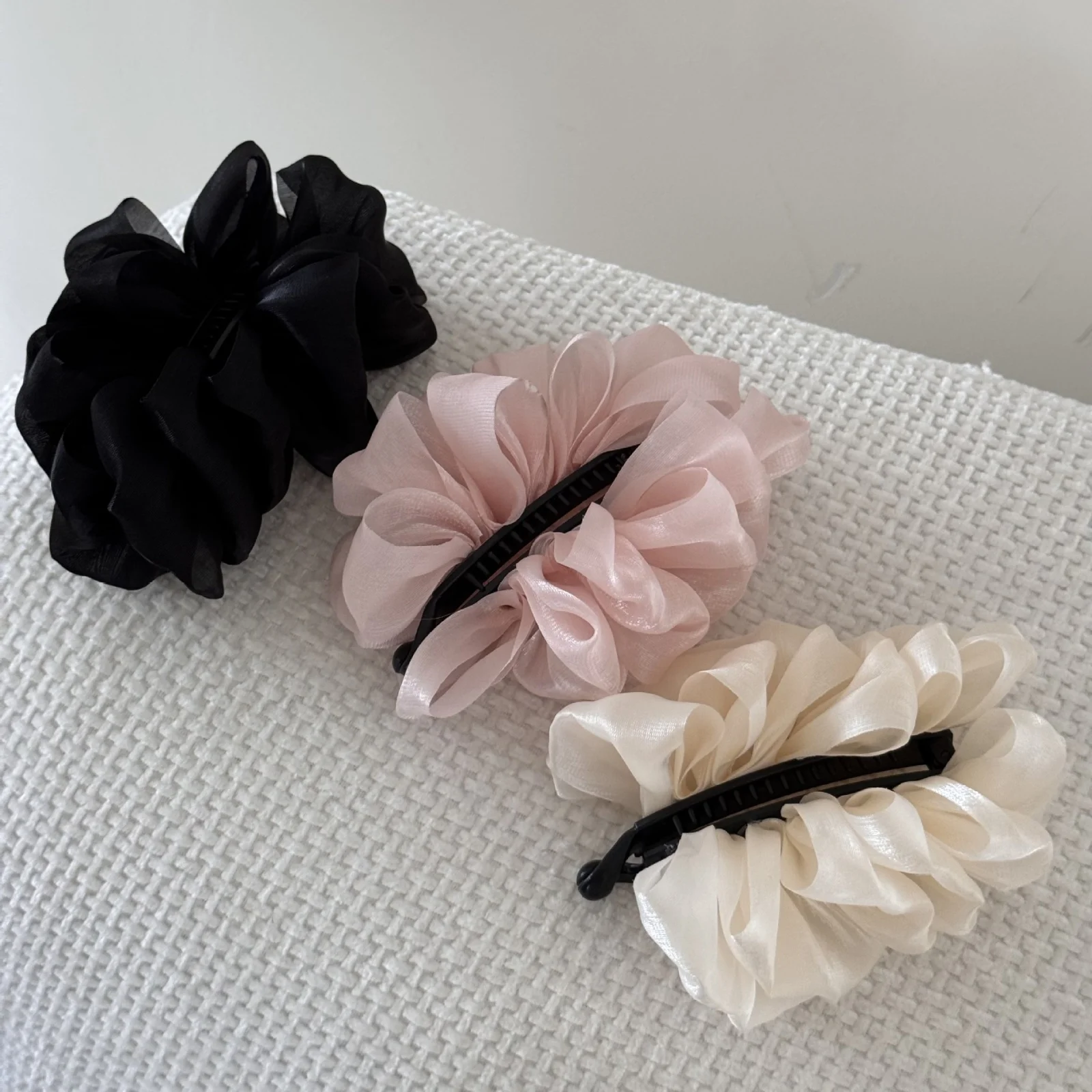 1PC Chiffon Flower Hair Scrunchies, 3 - Color Set (Black, Pink, White), Elegant Hair Ties for Women, Perfect for Ponytails
