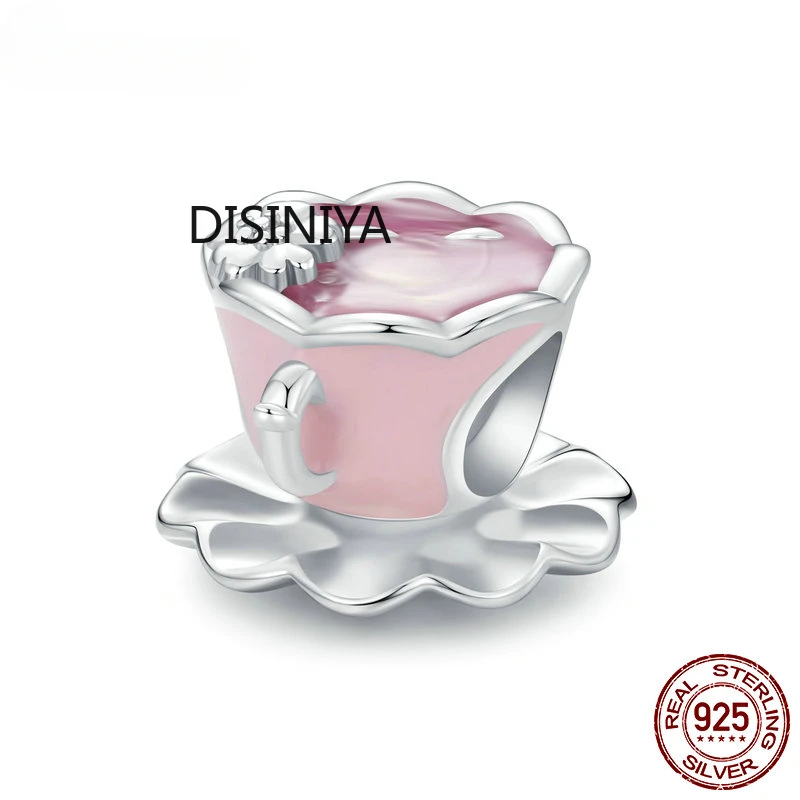 

925 Sterling Silver Flower Teacup Charm Beads for Charm Bracelet Cherry Blossom Tea DIY Jewelry Accessories SCC2563