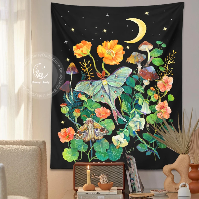 

Floral Moon Luna Tapestry Wall Hanging Moth Psychedelic Mushroom Flower Boho Aesthetic for Living Room Home Dorm Decor Cloth