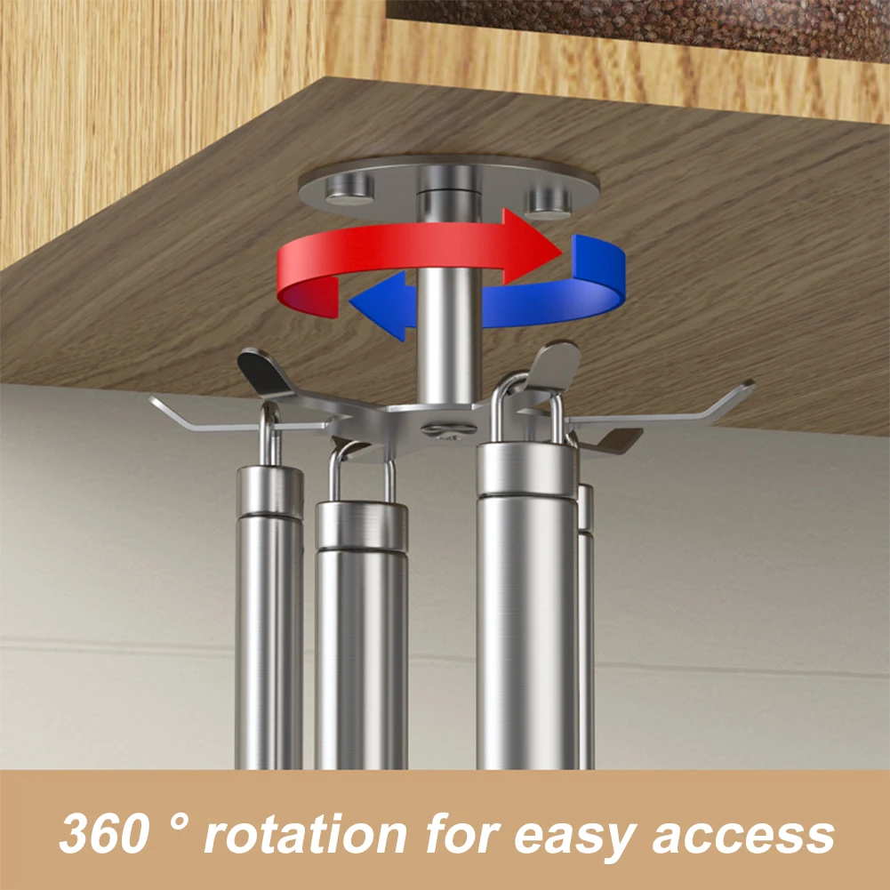 Under Cabinet Rotating Utensil Holder 6 Hooks Stainless Steel Hanging Rack Screw Kitchen Bathroom Storage Rack Kitchen Storage Rack Kitchen Hooks