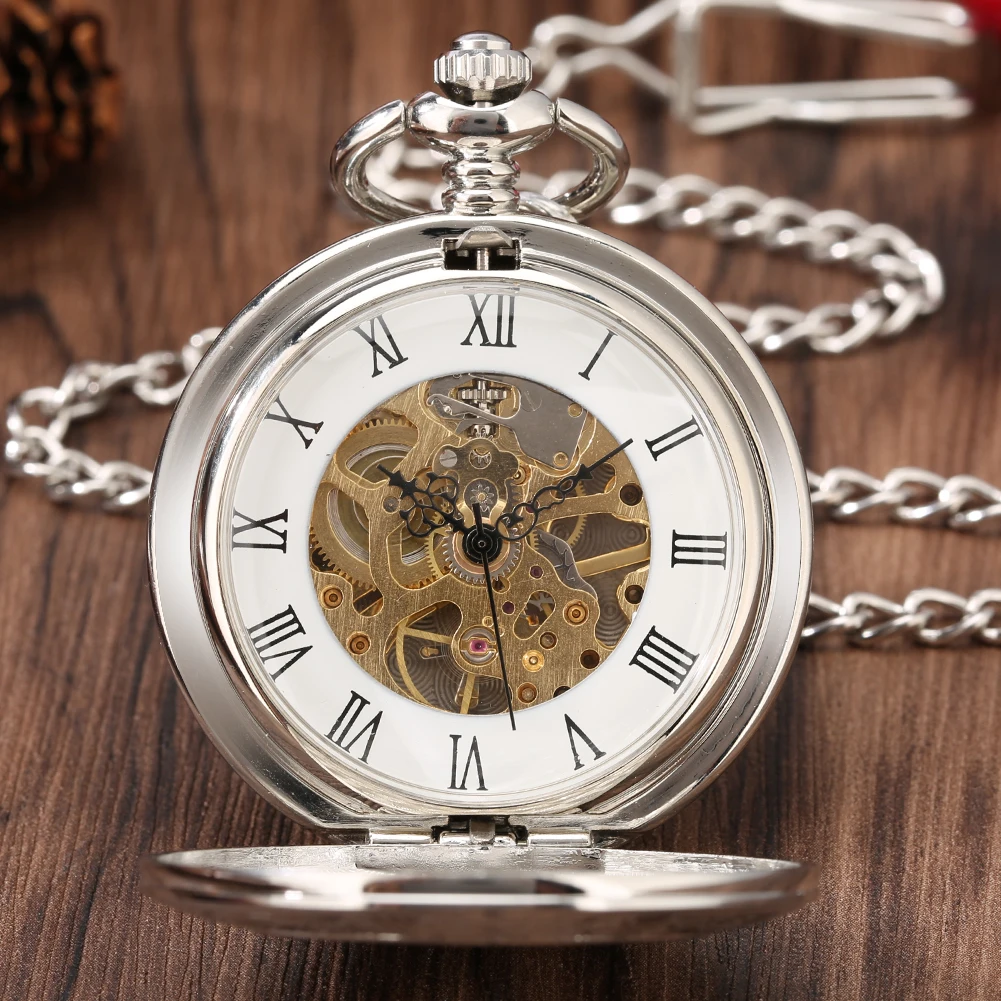 Silver Hollow Semi-Automatic Mechanical Pocket Watch Hand Wind Birthday Gifts for Men Women Jewelry Sets Gift Relogio De Bolso
