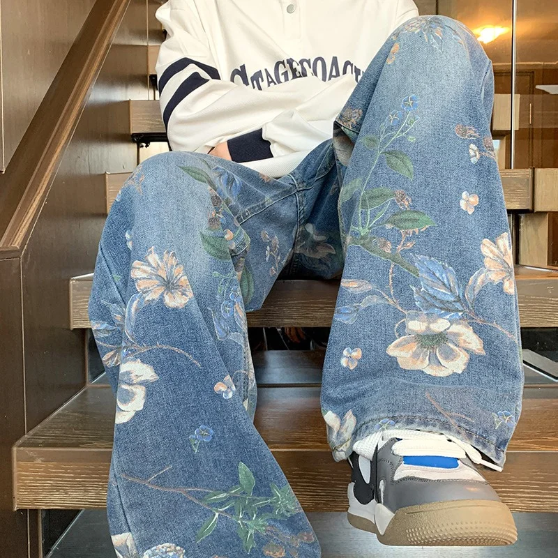 デニム パンツ ストリート ワイドレッグ バタフライプリント レディースバギーデニムパンツ,ワイドレッグ,バタフライプリント