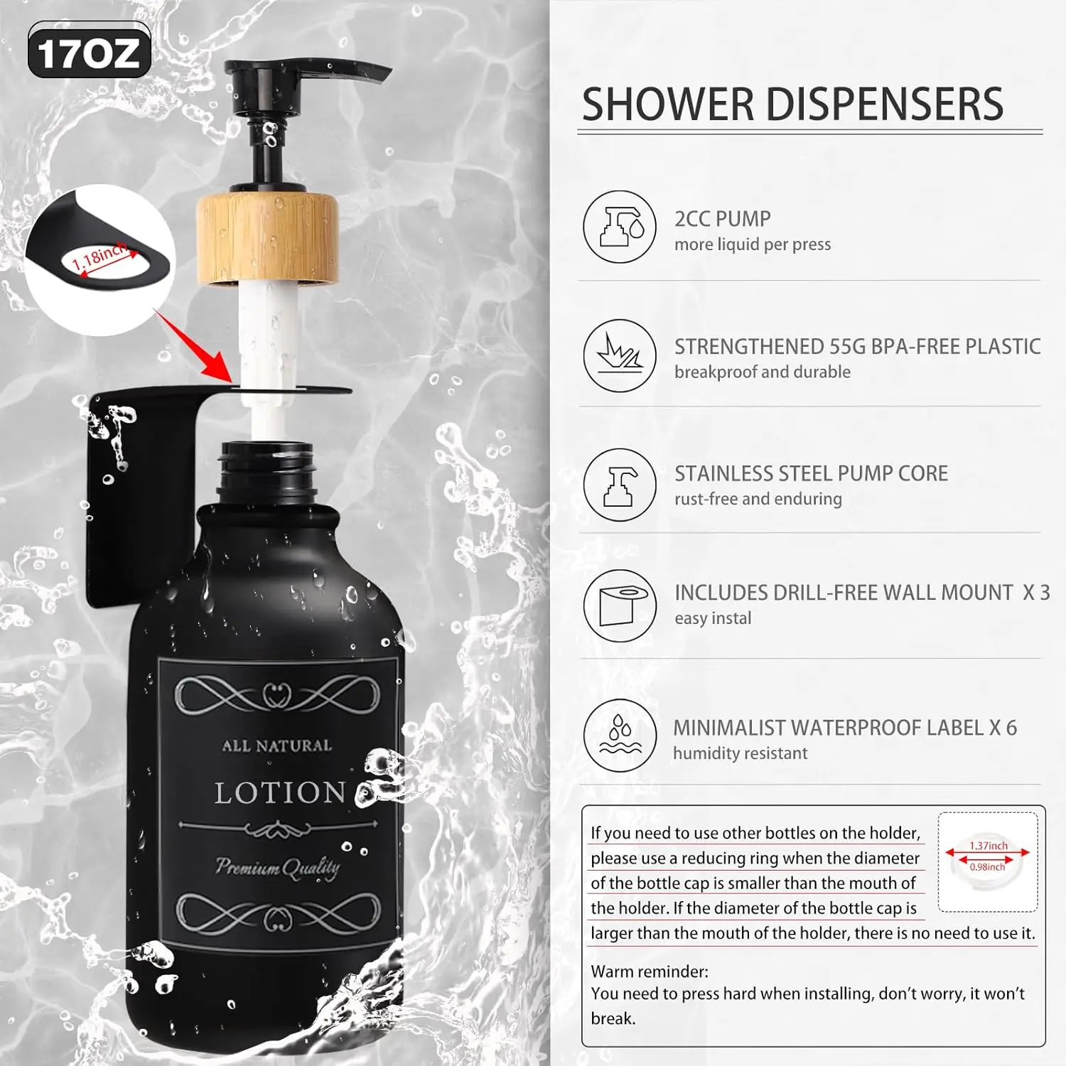 34PCS Black Bathroom Set. Shower Curtain, Rugs, Trash Can, Toilet Brush. 3PCS 17oz Soap Dispenser. Wall-Mounted.