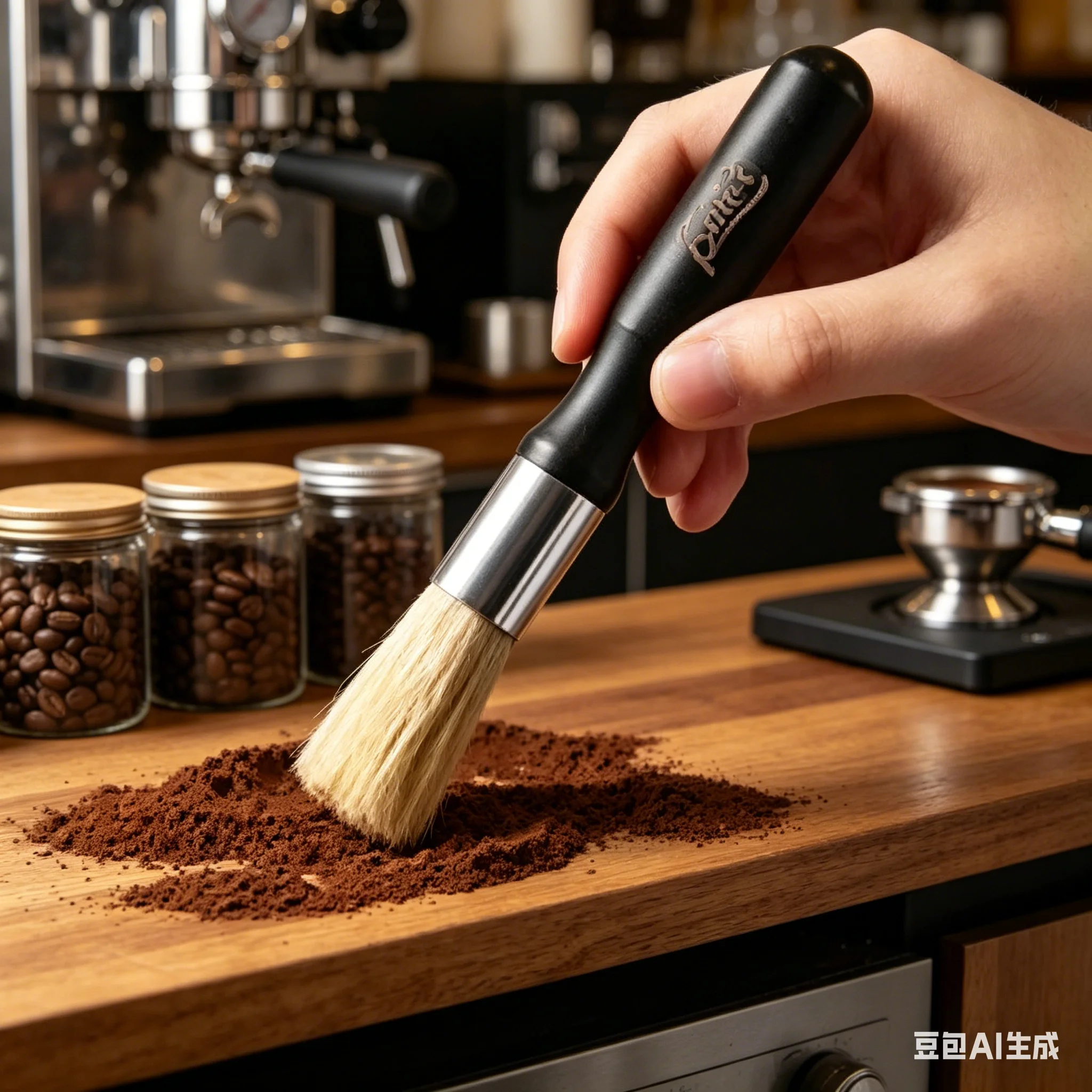 Premium Barista Coffee Grinder Cleaning Brush with Natural Bristles and Wooden Handle